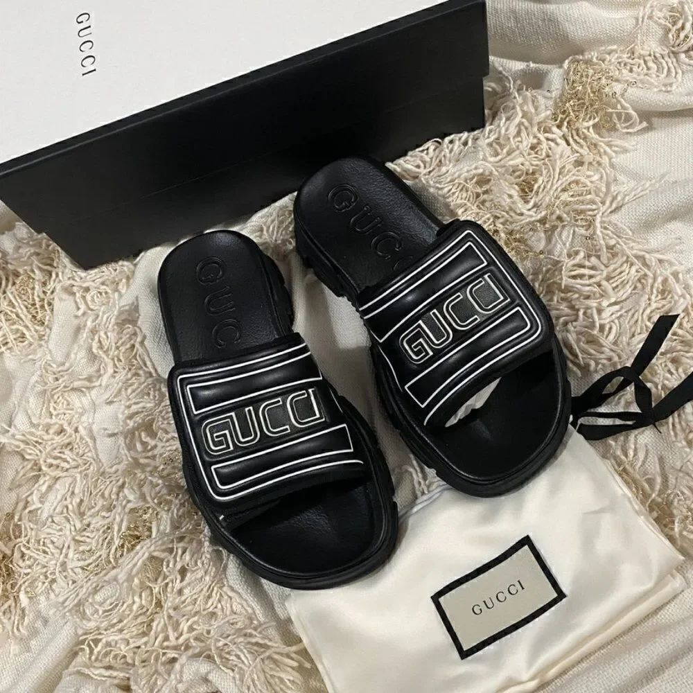 GUCCI Men's Embossed Logo Chunky Sliders Aguru Trek Slides